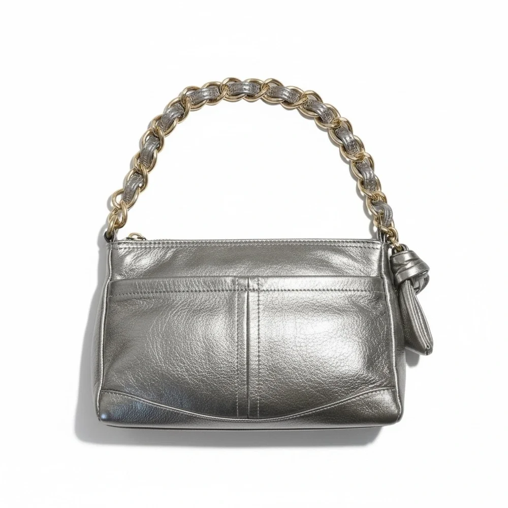 B. Makowsky Metallic Silver Leather/
Chunky Gold Chain/Y2K Glam Baguette Purse - Picture 2 of 10